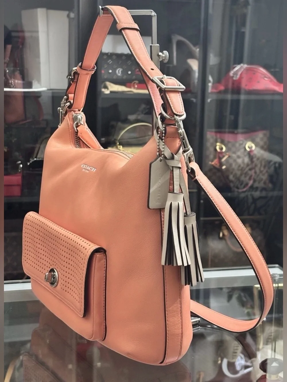 Women's Coral Leather Shoulder Bag with Front Pocket